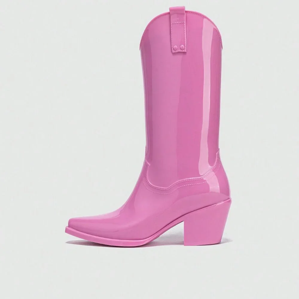 Glossy Pink Outdoor Women's Rain Boots